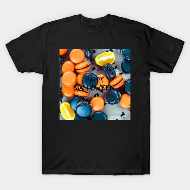 Colorful Orange And Blue Happy Halloween Macaroon Cookies T-Shirt by Nonconformist